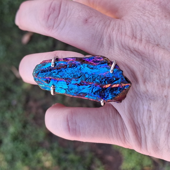 New Rough Rainbow Titanium Crystal Quartz 925 Silver Statement Ring. - Picture 3 of 15